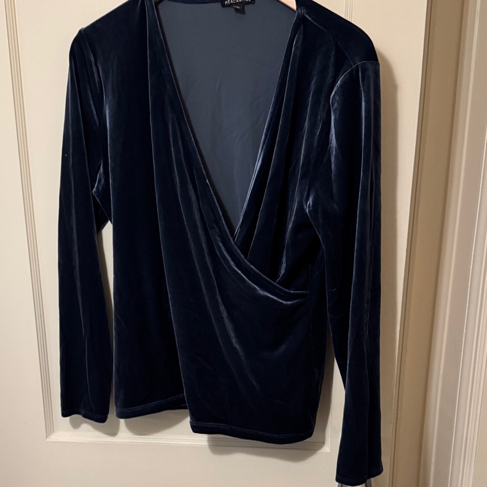 J. Crew Factory Navy Velvet Blouse faux wrap blouse